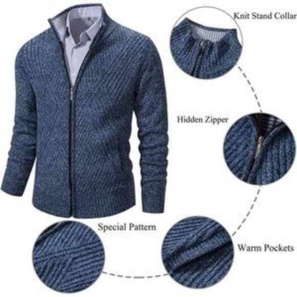 Men's Knitted Cardigan Sweaters Slim Full Zip Blue - Picture 3 of 8